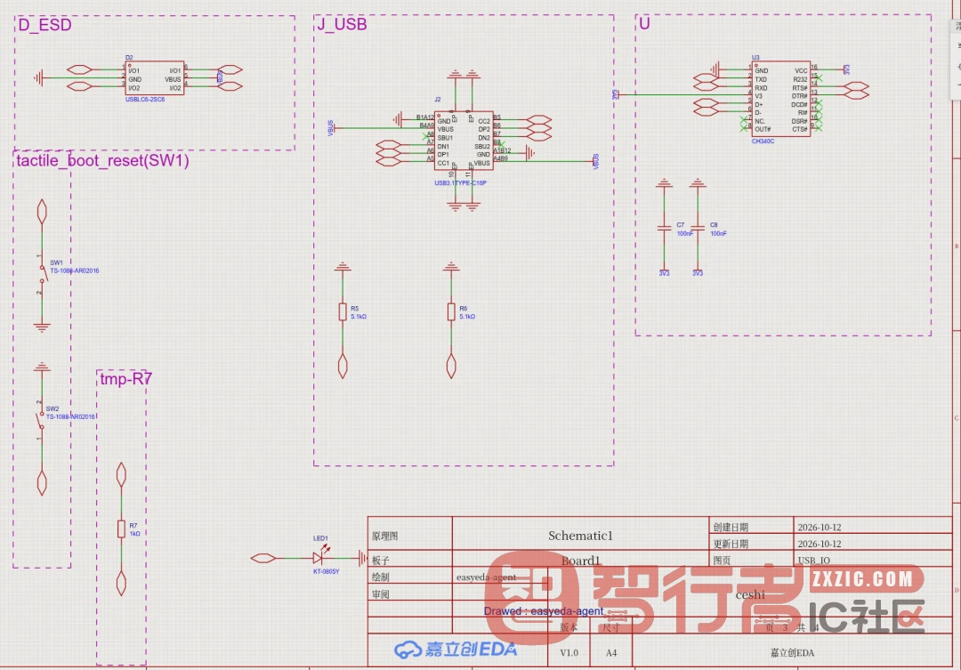 原理图 USB_IO 页:CH340C 3.3V 供电 + USB-C + ESD + CC 下拉 + BOOT/RESET + GPIO2 LED