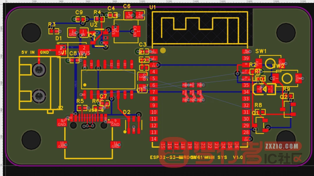 铺铜完成后的 PCB 顶视图:ESP32-S3-WROOM-1 WIFI SYS V1.0,58×30mm 四层板,四角 M3 孔,右侧黑色区域为模组天线全层禁布